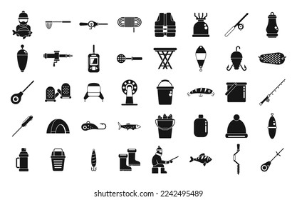 Ice fishing icons set simple vector. Winter frozen. Lake polar