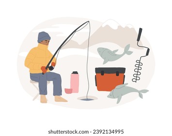 Ice fishing isolated concept vector illustration. Winter outdoor activities, ice fishing tools, equipment shop online, fisherman advice, catching, frozen lake, travel and hobby vector concept.