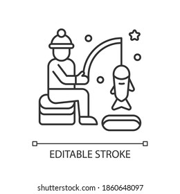 Ice fishing linear icon. Fisherman with rod. Fisher lure and catch on bait. North icy lake. Thin line customizable illustration. Contour symbol. Vector isolated outline drawing. Editable stroke