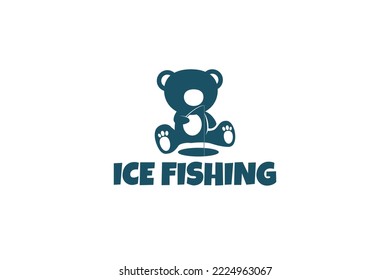 Ice Fishing Logo With Cute Bear Having Fun With Ice Fishing.