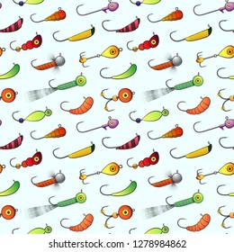 Ice fishing lures (jigs and jig heads) seamless pattern. Color vector illustration.