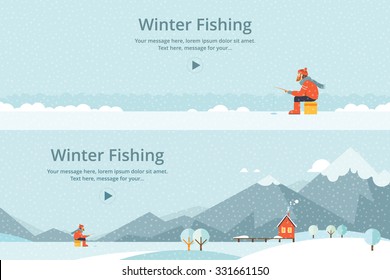 Ice Fishing, A Man On The Ice Fishing. House On Mountain Lake