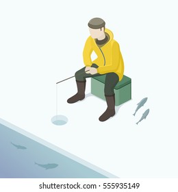 Ice fishing. Man on the ice fishing. Isometric Vector Illustration.