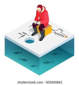 Ice fishing, a man on the ice fishing. Solitude and nature outdoor activities. Isometric flat people.