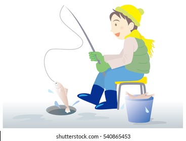 ice fishing man / outdoor leisure image in Winter 