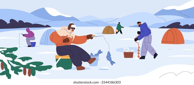 Pesca de hielo en el lago congelado en paisaje de invierno. Ocio de los pescadores, sentados por los agujeros perforados con las barras, pescando en Clima nevado frío. Pescadores acampando en invierno. Ilustración vectorial plana