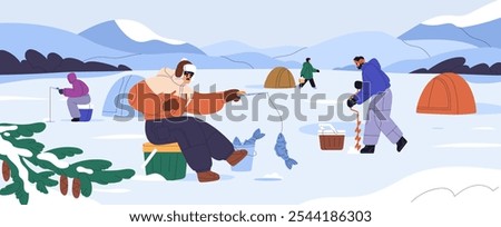 Ice fishing on frozen lake in winter landscape. Fishermen leisure, sitting by drilled holes with rods, catching fish in cold snowy weather. Fishers camping at wintertime. Flat vector illustration