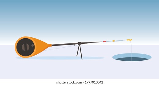 Ice fishing rod over the hole in ice. Winter fishing vector illustration.