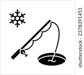 Ice fishing in solid style icon, winter activity vector illustration on white background