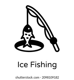 Ice Fishing In Solid Style Icon, Winter Activity 

