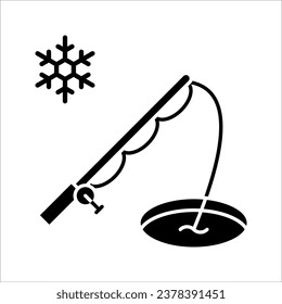 Ice fishing in solid style icon, winter activity vector illustration on white background