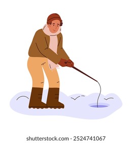 Ice fishing. Vector illustration showing a fisherman in winter clothes casting a fishing rod into an ice hole on a snowy terrain. Flat cartoon illustration on isolated background.