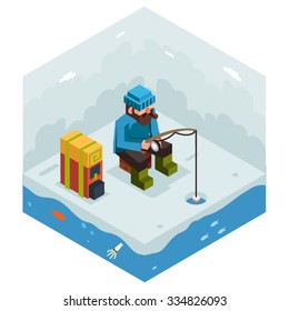 Ice Fishing Winter Activity Vacation Icon Flat Design Isometric Vector Illustration