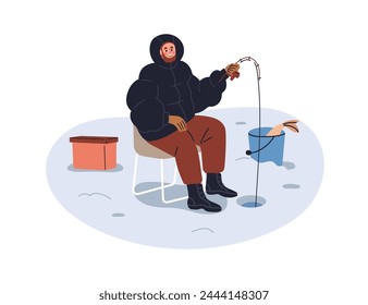 Pesca en hielo en invierno. Pescador sentado, pescando pescado con caña en río congelado, lago en Clima frío, temporada de nieve. Feliz pescador en el hoyo. Ilustración vectorial plana aislada sobre fondo blanco