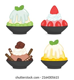 Ice flakes bingsu melon strawberry mango chocolate in a bowl kawaii doodle flat vector illustration