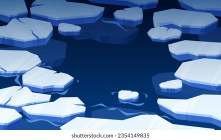 Ice floating on surface. Frame of blue icebergs floating on ocean water, polar glacier and cold water cracked ice in frozen water. Vector illustration of landscape ice and snow, iceberg and glacier