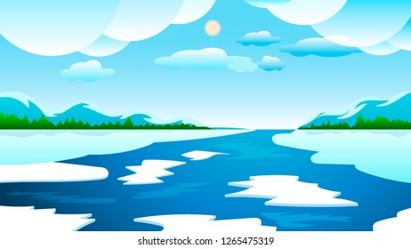 ice floats on the river. winter landscape. author's work. vector image