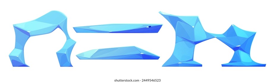 Ice floe pieces and framed mountain cliff. Cartoon vector illustration set of frozen water chunk for arctic landscape. Blue glacier cube floating in sea or ocean. North freeze snow glass rock.