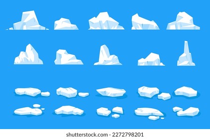 Ice floes. Antarctic floating glacier pieces, melting icebergs and frozen icy blocks, blue frost floe in cold water flat style. Vector cartoon set of , north iceberg melting illustration