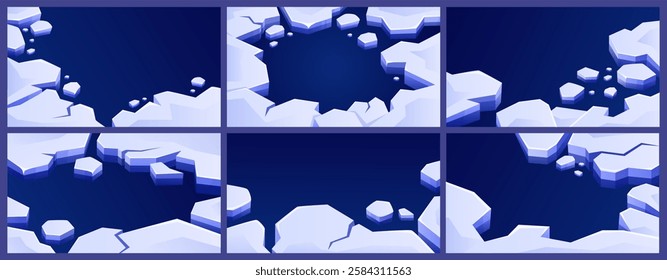 Ice floes frames. Cold banner template with frozen arctic water and cracked floe borders. Fracturing ice with free text space, winter vector backgrounds set.