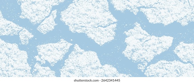 Ice floes are scattered across a calm river, creating a breathtaking winter view. The soft sunlight enhances the icy blues and whites, evoking a sense of peace in this remote setting.