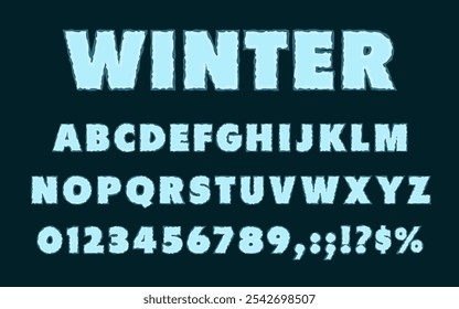 Ice font, Typeface, Winter alphabet, Frozen water letters, alphabet punctuation and numeral symbols and digits, Christmas holiday winter celebration