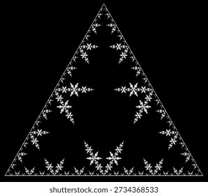 Ice Fractal-Muster auf schwarzem Hintergrund mit fünf Iterationen, gebildet durch weiße Liniensegmente nach innen in Richtung eines Dreiecks, mit einer abstrakten geometrischen Struktur, Symmetrie, Einzigartigkeit und Selbstähnlichkeit. Geeignet für mathematische, wissenschaftliche und pädagogische Illustration, Hintergrunddesign, Poster und Dekoration.
