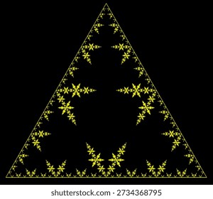 Eisfraktales Muster auf schwarzem Hintergrund mit fünf Iterationen, gebildet durch gelbe Liniensegmente, die nach innen in Richtung eines Dreiecks ausgerichtet sind, mit abstrakter geometrischer Struktur, Symmetrie, Einzigartigkeit und Selbstähnlichkeit. Geeignet für mathematische, wissenschaftliche und pädagogische Illustration, Hintergrunddesign, Poster und Dekoration.