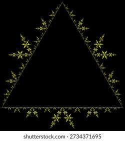 Ice fractal pattern on a black background with five iterations, formed by yellow line segments directed outward from a triangle, with an abstract geometric structure, symmetry, uniqueness and self-similarity. Suitable for mathematical, scientific and educational illustration, background design, posters and decoration.