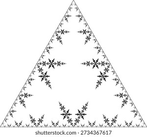Ice Fractal-Muster auf weißem Hintergrund mit fünf Iterationen, gebildet durch schwarze Liniensegmente nach innen in Richtung eines Dreiecks, mit einer abstrakten geometrischen Struktur, Symmetrie, Einzigartigkeit und Selbstähnlichkeit. Geeignet für mathematische, wissenschaftliche und pädagogische Illustration, Hintergrunddesign, Poster und Dekoration.