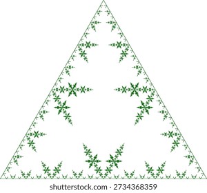 Ice Fractal pattern on a white background with five iterations, formed by green line segments directed inward toward a triangle, with an abstract geometric structure, symmetry, uniqueness and self-similarity. Suitable for mathematical, scientific and educational illustration, background design, posters and decoration.
