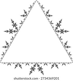 Ice Fractal pattern on a white background with five iterations, formed by black line segments directed inward toward a triangle, with an abstract geometric structure, symmetry, uniqueness and self-similarity. Suitable for mathematical, scientific and educational illustration, background design, posters and decoration.