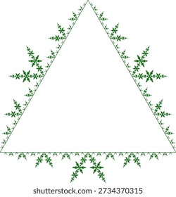Eisfraktales Muster auf weißem Hintergrund mit fünf Iterationen, gebildet durch grüne Liniensegmente, die aus einem Dreieck nach außen gerichtet sind, mit abstrakter geometrischer Struktur, Symmetrie, Einzigartigkeit und Selbstähnlichkeit. Geeignet für mathematische, wissenschaftliche und pädagogische Illustration, Hintergrunddesign, Poster und Dekoration.