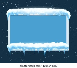 Ice frame. Board with icicles, winter school bulletin icicle freezed panel on snow blue vector background