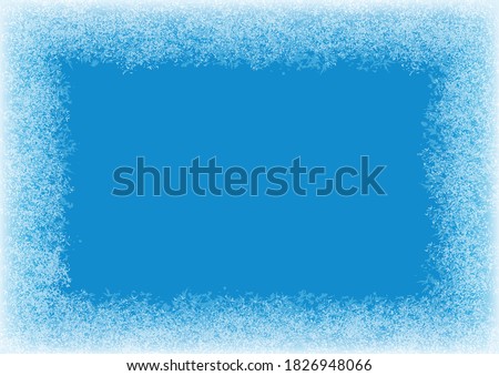 Ice frame, window on a blue background. Frozen border with ice texture. Ice banner. Window frozen glass ice. Frozen window.EPS10 vector illustration.