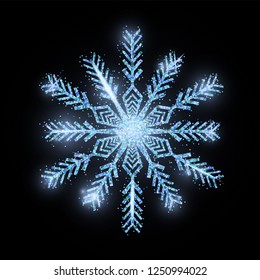 Ice glitter snowflake isolated on black background. Christmas and New year concept. Vector illustration