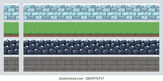 Ice Grass Rock and Stone Wall Pixel Art Vector Platformer Tileset
