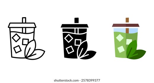 Ice green tea or matcha icon. Cold beverage with ice cube and leaves illustration. Mojito or lemonade symbol. Transparent cup with straw sign.