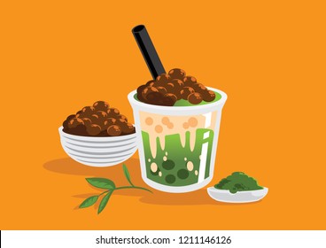 ice green tea with Taiwan bubbles in plastic cup vector illustration background