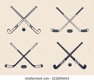 Ice and Gross Hockey sticks. Crossed Ground hockey cues. Ice Hockey Cues. Hockey icons. Vector illustration - Shutterstock ID 2218296415