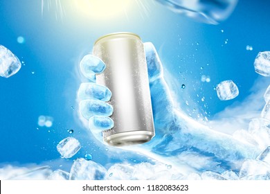 Ice hand grabbing an aluminum can with flying ice cubes and sun beam in 3d illustration