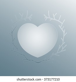 Ice heart concept in branch frame. Vector Heart on Frozen glass  backround with floral ornament. Shape of isolated vector carved heart.