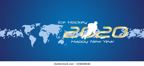 Ice Hockey 2020 Happy New Year gold white silhouette logo icon abstract world map blue background