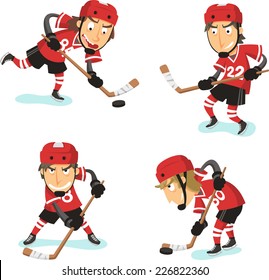 Ice Hockey Action Set, with hockey player in four different positions. Vector illustration cartoon.