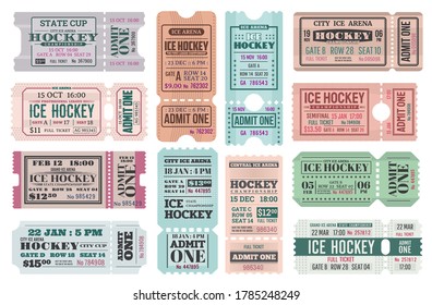 Ice hockey admit tickets, sport game tournament and championship cup, vector retro cards templates. Ice hockey paper or cardboard admit tickets with control cut, date and seat