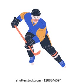 Ice hockey adult male player as forward or defensemen. Isolated flat vector illustration with man in hockey uniform for your design