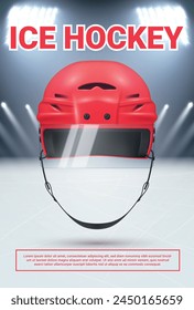 Eishockey Werbung Plakat Design Vorlage mit Helm und Arena realistische Vektorillustration. Team Sport Spiel Wettbewerb Meisterschaft Turnier Ankündigung Club League Promo vertikaler Banner