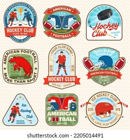 Ice Hockey and american football or rugby club logo, badge embroidered patch. Sport sticker pack with american football sportsman, ice hockey player, ball, sticker, puck and skates silhouette. Vector.