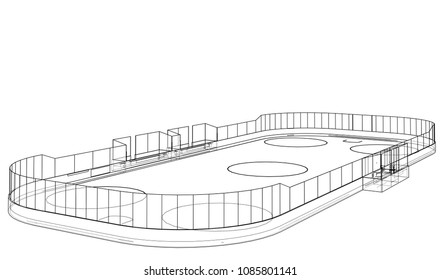 Ice hockey area outline. Vector rendering of 3d. Wire-frame style. The layers of visible and invisible lines are separated