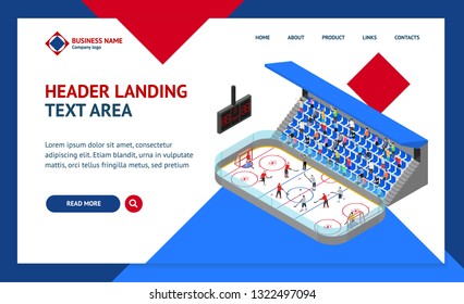 Ice Hockey Arena Competition or Professional Championship Concept Landing Web Page Template 3d Isometric View. Vector illustration of Winter Sport Stadium and Player